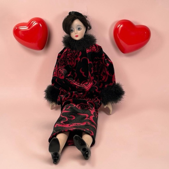 Other - Vintage Style Porcelain Boudoir Lady Doll Red Black Fur Trim Damask Robe 19"